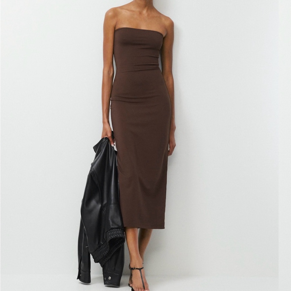 Aritzia Strapless Chocolate Brown Midi Bodycon Dress